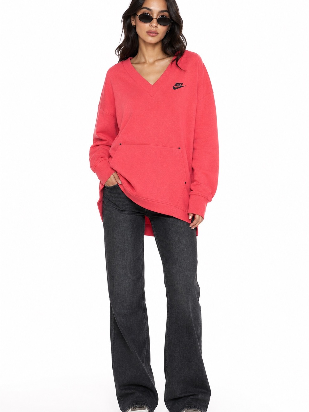 Nike Coral Pink V-Neck Tunic Sweatshirt Oversized Long Sleeve Tech Sweater Large